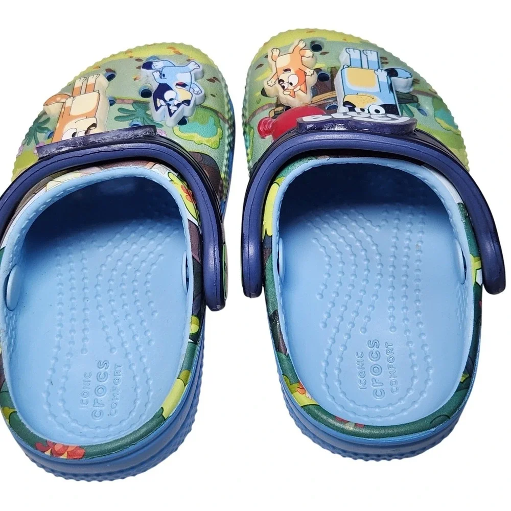 CROCS Classic Clogs Toddler C5 Bluey Character Slip‎ on Shoes Blue Green Jibitz